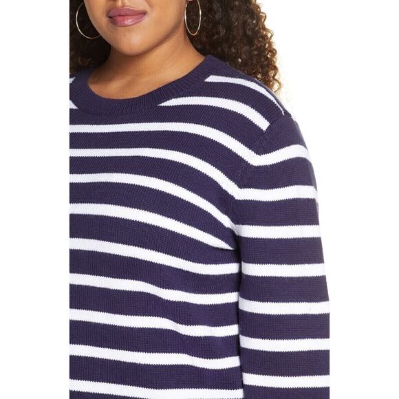 Halogen X Atlantic-Pacific Crew Sweater Sz Large Navy/White Cathy Stripes NWT - Picture 2 of 8